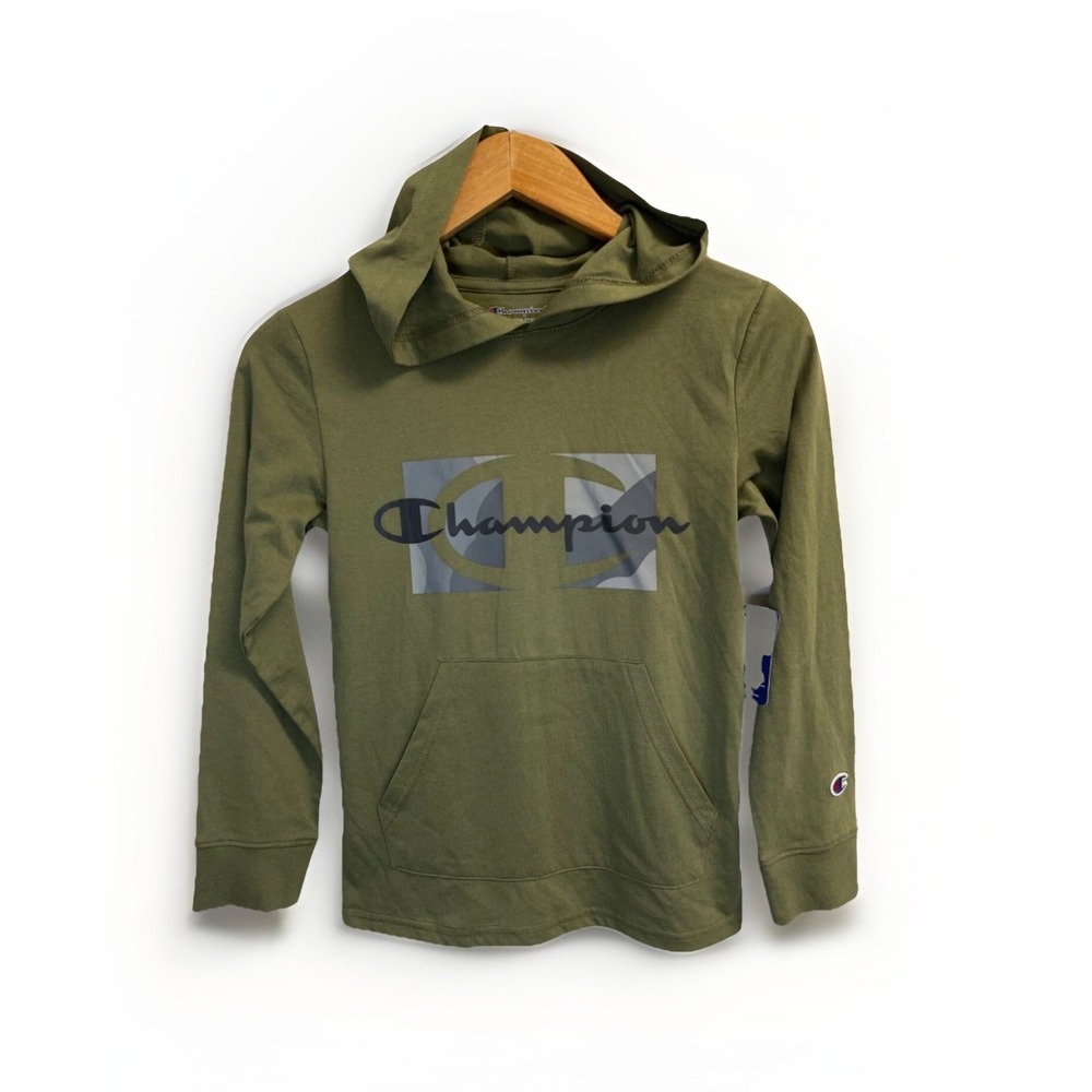 Champion Boys Size S Script Over‎ Camo Logo Hooded T-shirt Long Sleeve Green